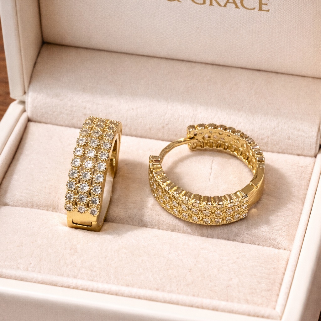 14k Gold Earrings, Lightweight Hoops Hypoallergenic Diamond Inspired Pave